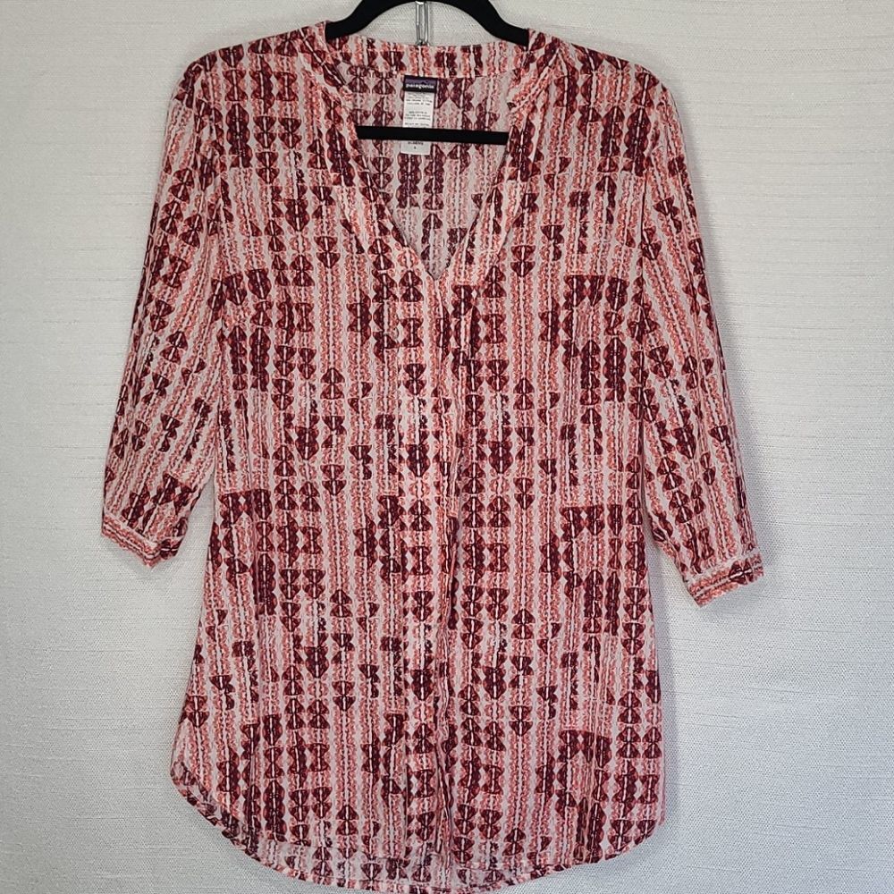 Patagonia Top Tunic V-Neck Button Cotton Pink Red Size 6